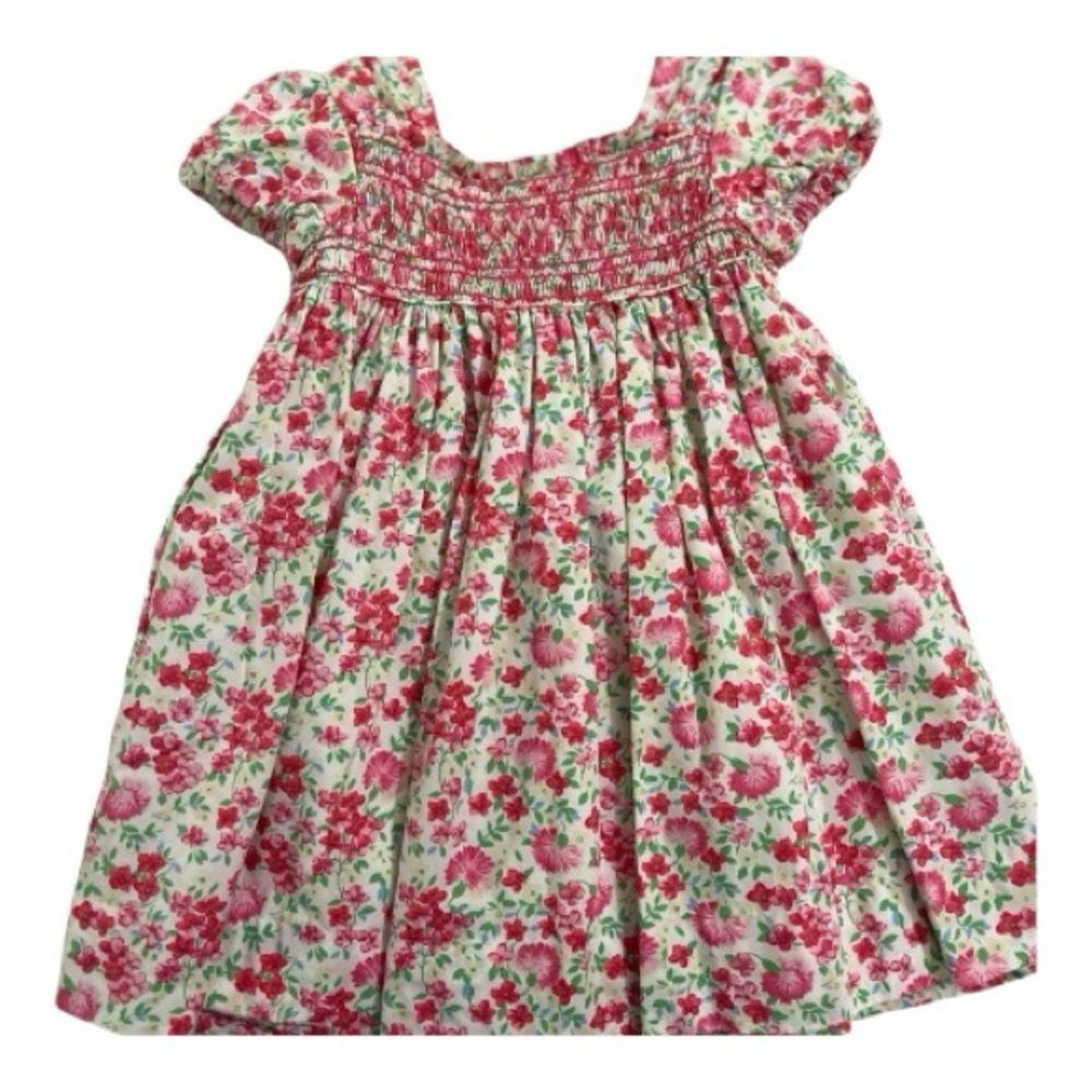 Ralph Lauren Pink and Green Sundress with Puff Sleeves and Pleated Details.